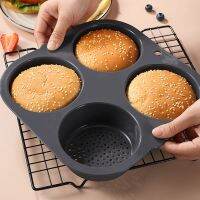 【lz】✺❃☽  Silicone Non Stick Hamburger Bun Mold Panela de pão de 4 cavidades Moldes de cozimento Bolo Muffin Bandeja de pastelaria