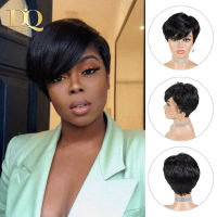 DQ Short Cut Wavy Bob Pixie Wigs Non Lace Front Human Hair Wigs With Bangs For ull Machine Made Remy zilian