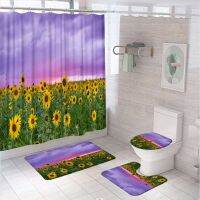 Country Scenery Sunflower Field Shower Curtain Sets Purple Sky Flower Bathroom Screen Fabric Anti slip Bath Mat Toilet Cover Rug