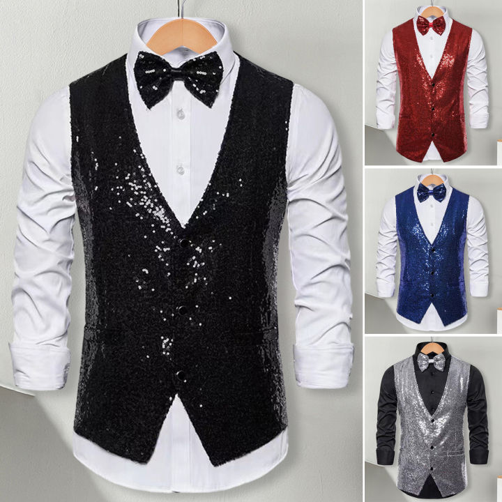 GMBI Men Sequin Vest Men Sequin Waistcoat Sparkling Sequin Slim Fit V ...