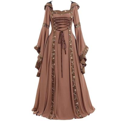 Women Renaissance Dress Retro Lace-Up Gothic Hooded Dress Trumpet Sleeve Square Collar Large Swing Skirt Embroidery Dress For Photo Props helpful