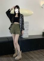 【hot】 Fashion green Shorts Denim Waist Korean A-line Ulzzang Students All-match Streetwear