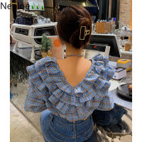 Neploe Fashion Blusas De Mujer V-neck Puff Sleeve Plaid Blouses Women Heavy Ruffles Sweet Shirts 2021 Temperament Tops Femme