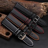 18mm 20mm 22mm 24mm Mens Watch Band Carbon Fibre Watch Strap with Red Stitched   Leather Lining Stainless Steel Clasp watchband ۞✕