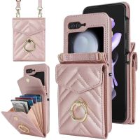 เคส Crossbody สำหรับ Samsung Galaxy Z Z Flip 5 Flip5 5G ขาตั้งแบบวงแหวน RFID การปิดกั้นบัตรอวัยวะ Tali Bahu สายคล้องปกหนัง