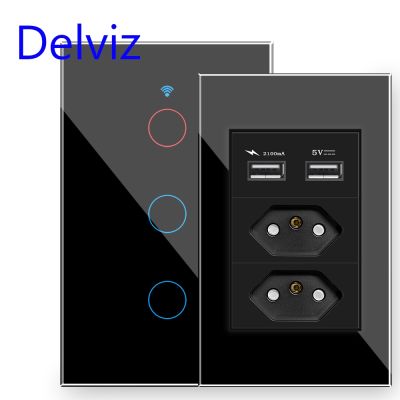 【NEW Popular89】 Delviz Brazil USB Wall Socket 120Mm X 72Mm Panel110V 250V 3แก๊ง3 Pins HoleOutlet BR StandardGlass Switch