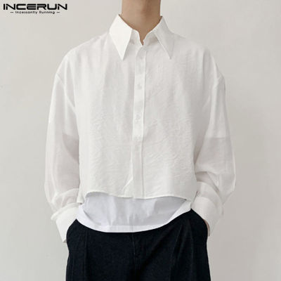 INCERUN เสื้อครอปเนื้อแขนยาวสำหรับผู้ชายเสื้อทรงหลวมสวมใส่สบาย (สไตล์เกาหลี)