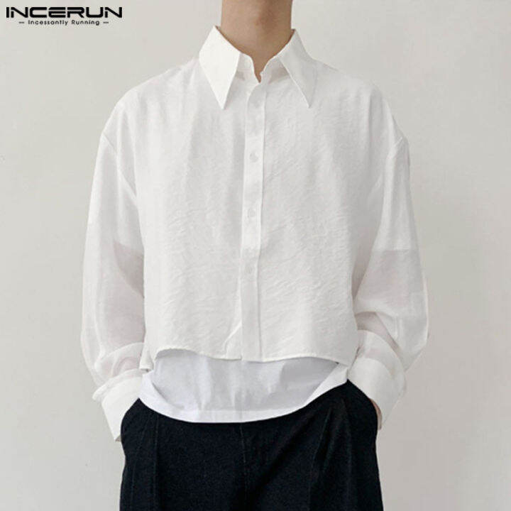 incerun-เสื้อครอปเนื้อแขนยาวสำหรับผู้ชายเสื้อทรงหลวมสวมใส่สบาย-สไตล์เกาหลี