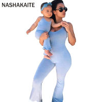 NASHAKAITE 2021แม่และลูกสาวเสื้อผ้าฤดูร้อนสีฟ้าลำลองจับคู่ Jumpsuit แม่และฉัน Jumpsuit ชุดจับคู่ครอบครัว