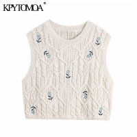 KPYTOMOA Women  Fashion Floral Embroidery Cropped Knit Vest Sweater Vintage O Neck Sleeveless Female Waistcoat Chic Tops