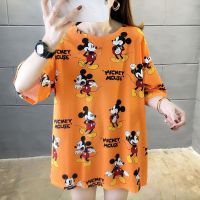 COD DTRUTYUYTUU 【Plus Size/40-150KG/3Colors】Disney Mickey Printed Oversized Korean Style Women T-shirt Half Short Sleeves BIg Loose Tee Summer Maternity T-shirt Round Neck Casual Top Fashion Fat Size Medium-Long Length T-shirt Pajamas