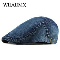 Wuaumx Simple Washed Denim Berets Hat Men Women Spring Summer Peaked Flat Cap Artist Duckbill Hat Casual Herringbone Newsboy Cap2023