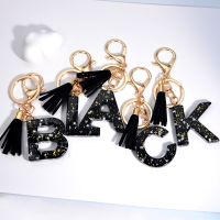 Black A-Z Initial Keychain 26 Letter Star Sequin Filling Keyring Black Tassels Pendant Car Key Holder for Women Men Gift