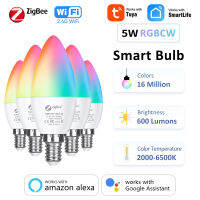 Tuya Zigbeewifi E14หลอดไฟ LED หรี่แสงได้ RGB CW WW 5วัตต์สมาร์ทไฟเทียนโคมไฟสมาร์ทชีวิตเสียงทำงานร่วมกับ Alexa *