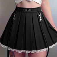 {Summer skirt} ถักแบบผู้หญิงมินิกระโปรงมีจีบกอธ Y2K ฮาราคุจูเอวสูงมีระบายสไตล์โลลิต้าพังก์เครื่องแต่งกายแนวสตรีทสวยงามแนวสตรีทแวร์