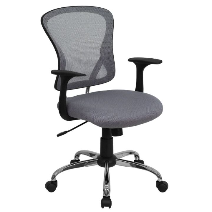 เก้าอี้ออฟฟิศทำงานตาข่ายสีเทาหมุนกลางหลังสำหรับเฟอร์นิเจอร์แฟลชฐานโครเมี่ยมและแขนเก้าอี้เล่นเกมโต๊ะ