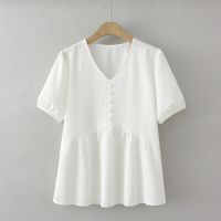 【มีไซส์ใหญ่】Plus Size Womens XL-4XL V-neck White Black Tops Ladies Office-wear Elegant Blouses Short Sleeve Summer Blusas