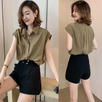 COD DSFERTRETRE Womens Sleeveless Blouses Korean Style Solid Color Lapel Shirts Summer Casual Turn-down Collar Blouses Without Sleeve Pure Color Vest With Buttons Daily Wear For Work Women Chiffon Blouses