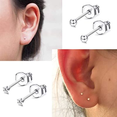 【CW】12 Pairs Tiny 2mm Stainless Steel Stud Earrings For Mens Womens CZ Round Ball 3 Style Earrings SetTH