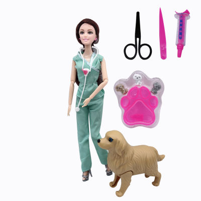 11.5 inch joint nurse Barbies doll pregnant dog + 3 puppies. Pretending to be a doctor doll child girl educational toy