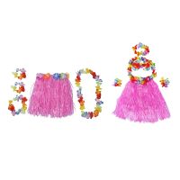 2 Set Grass Skirt: 1 Set 6 Pcs Hawaiian Grass Skirt Flower Hula Lei Wristband Garland Fancy Dress Costume &amp; 1 Set Pink Children Hawaiian Grass Skirt Hula Luau Party