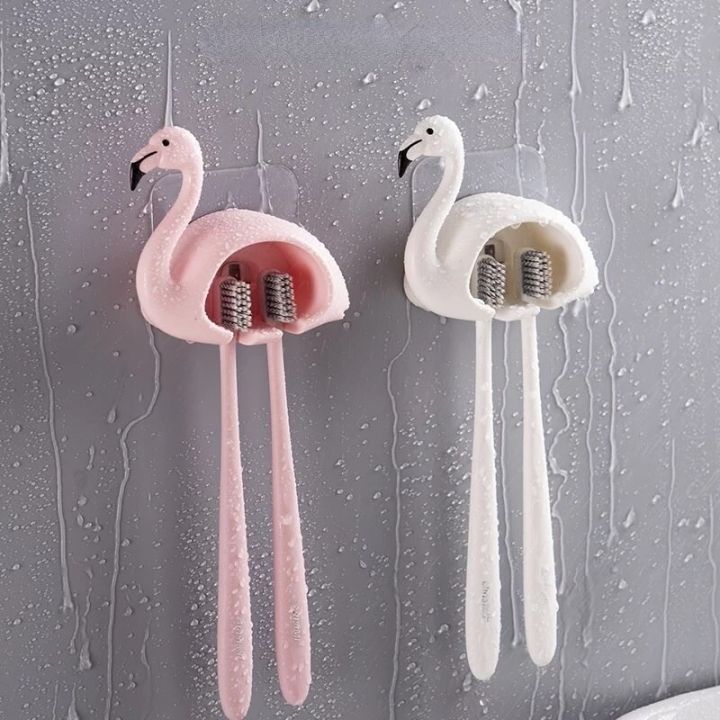flamingo-cat-wall-mounted-toothbrush-rack-punch-free-multifunctional-toilet-sundries-holder-bathroom-storage-shelf-accessories-bathroom-counter-storag