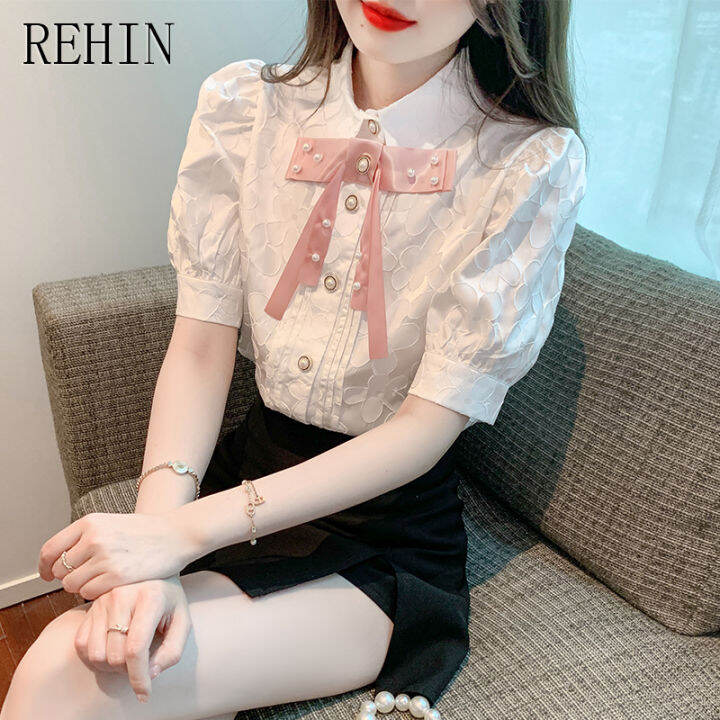 rehin-เสื้อเชิ๊ตผู้หญิงเสื้อผู้หญิงแขนสั้นครอปแขนพองมีโบว์ฝรั่งเศสเสื้อผู้หญิงผ้าแจ็คการ์ดสัมผัสดีไซน์ใหม่ฤดูร้อน