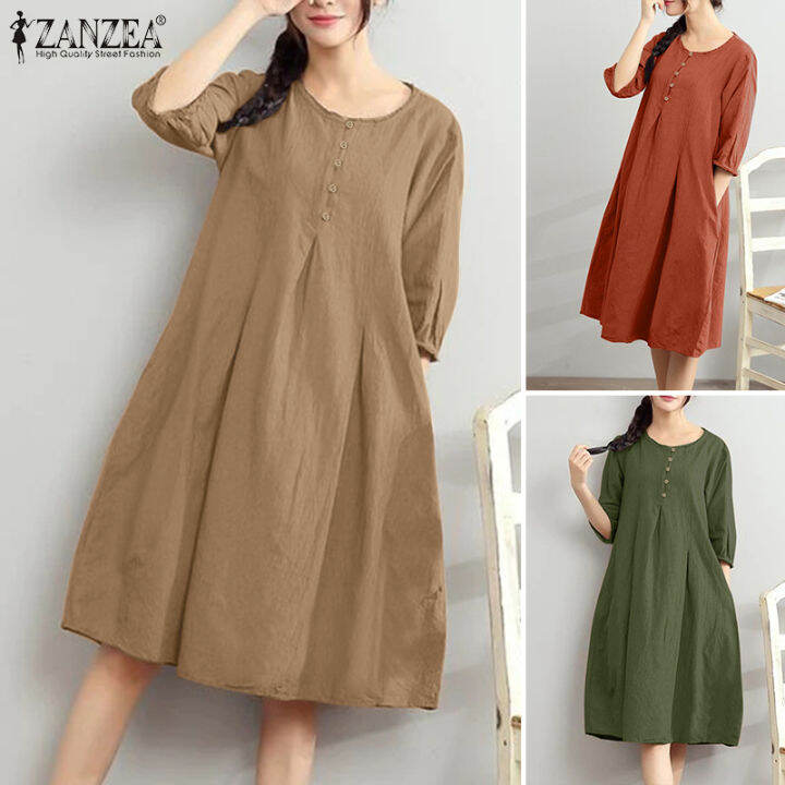 สินค้ามาใหม่-จัดส่งฟรี-fancystyle-zanzea-ชุดซันเดรสลำลองทรงหลวมแขน3-4ผ้าฝ้ายวินเทจชุดเดรสสไตล์คลาสสิก-8