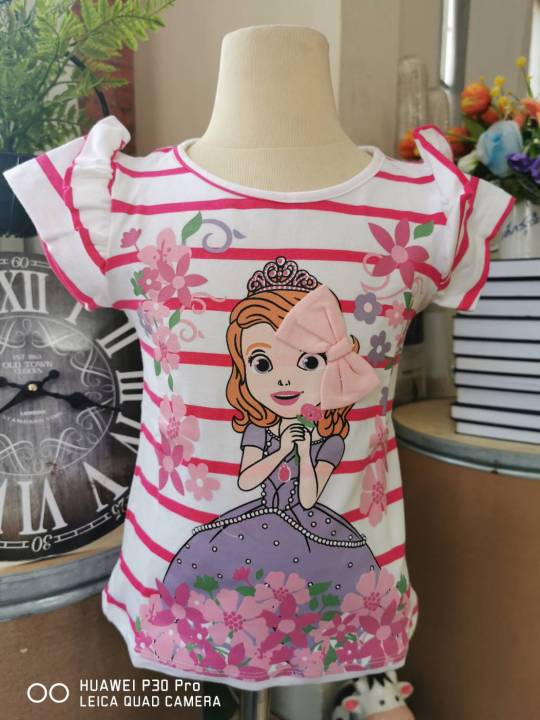 H&amp;M เสื้อยืดแขนสั้น ลายเจ้าหญิงโซเฟีย สีขาวชมพู มีโบว์ที่ผม งานป้าย size 1-2y/2-4y