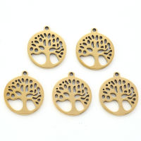 10pc 304 Stainless Steel Pendants Laser Cut Oval with Tree of Life Golden 15.5x14x1mm Hole: 1.2mm