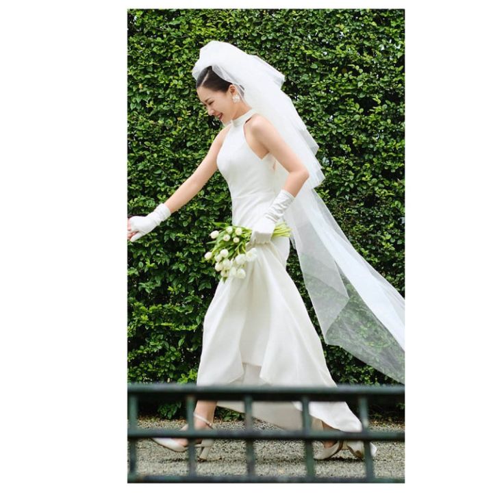 ผ้าซาตินสีขาวชุดแต่งงานชุดกระโปรงใส่นอกบ้านหางปลาสำหรับเจ้าสาว-ชุดราตรีต้อนรับแบบพรีเมี่ยม-qh239