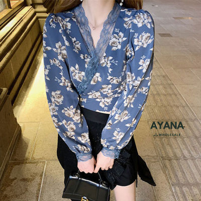 เสื้อเชิ้ตผู้หญิง เสื้อทำงาน ขอบปลุก สไตล์เกาหลี New Fashion คอวีลายดอกไม้สีน้ำเงินสุดคิวท์