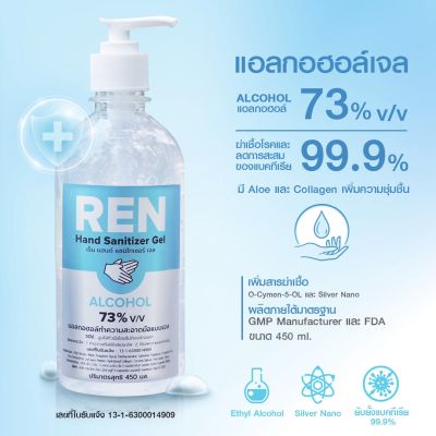REN Hand Sanitizer Gel 450ml. มีแอลกอฮอล์ 73% v/v เจลแอลกอฮอล์ทำความสะอาดมือ