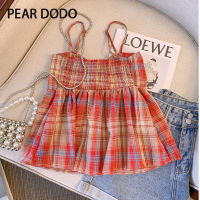 PEAR DODO ย้อนยุคเกาหลีสายเอี๊ยมลายสก็อตสั้นกับเสื้อกั๊กแขนลุกปักลูกไม้สำหรับผู้หญิง