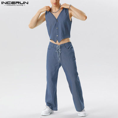 INCERUN เสื้อยีนส์ลำลองสไตล์มินิมอล2ชิ้นสำหรับผู้ชาย + กางเกงขายาวชุดสูทธรรมดา (สไตล์ตะวันตก)