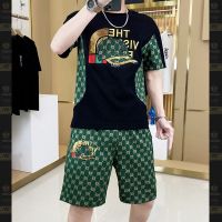 【Hot Sale】 High-end embroidered short-sleeved casual suit mens trendy brand 2023 summer new handsome set with