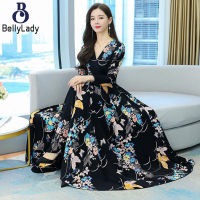 Flower Printing Mid Length Dress For Women Long Sleeves Slim Fit A-line Skirt Stylish V Neck Dress【fast】