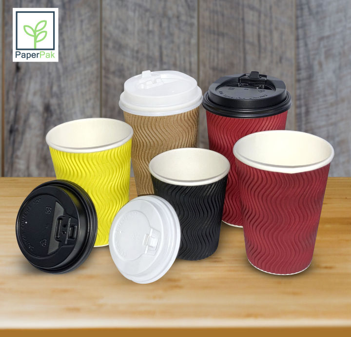 Paperpak 50 Sets Wave Ripple Double Wall Hot Paper Cup With Lid 8oz 12oz Lazada Ph 7879