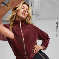 PUMA TRAINING - เสื้อแจ็คเก็ตออกกำลังกายผู้หญิง Deco Glam Velour Full-Zip Training Jacket สีม่วง - APP - 52225442