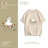 CHIC ผ้าฝ้ายแท้ เป็ดการ์ตูนน่ารักพิมพ์เสื้อยืดแขนสั้นหลวม สไตล์สบาย ๆ T0530