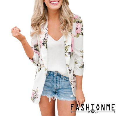 ღℰWomen 34 Sleeve R Floral Print Open Front Casual Work Office Blazer