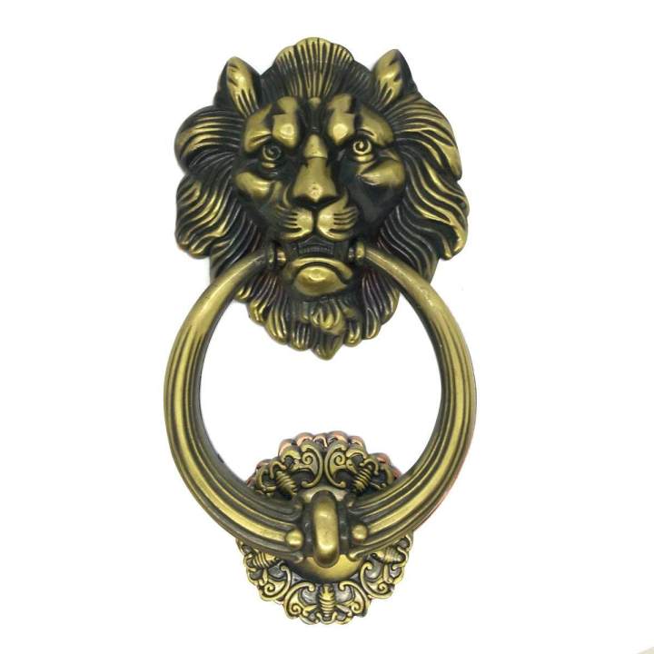 มือจับประตูแบบโบราณ-รูปหัวสิงห์โต-สวยงามดุดัน-สีantique-bronze-ขนาด-9-นิ้ว-สีทองเหลืองโบราณ