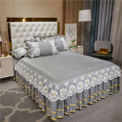 Gray Quilted Lace Flowers Bed Sheet Set Home Mattress Cover Bedspread Cotton Warm Thick Bedding Bed Skirt Pillowcases Queen King