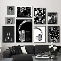 Vintage Music Black and White Vinyl Record Poster Wall Art Headphone Lyrics Canvas Painting Prints Music Studio Room Decor