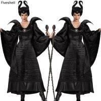 【ร้อน】2022ผู้ใหญ่ผู้หญิง Maleficent แม่มดคอสเพลย์สูทสีดำหรูหรา F Lared แขนยาวชุดเสื้อคลุมด้วยผ้าโพกศีรษะฮาโลวีนเครื่องแต่งกาย