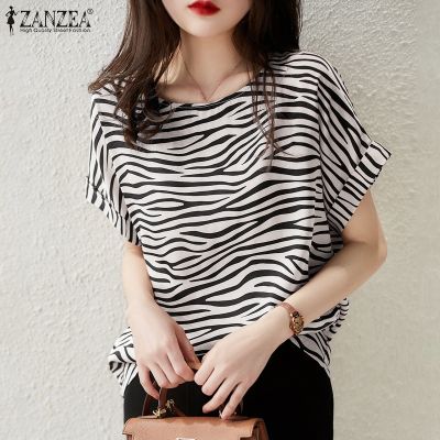 Fancystyle ZANZEA Korean Style Womens Short Sleeve O Neck Shirts Striped Zebra Casual Summer Tops Blouse