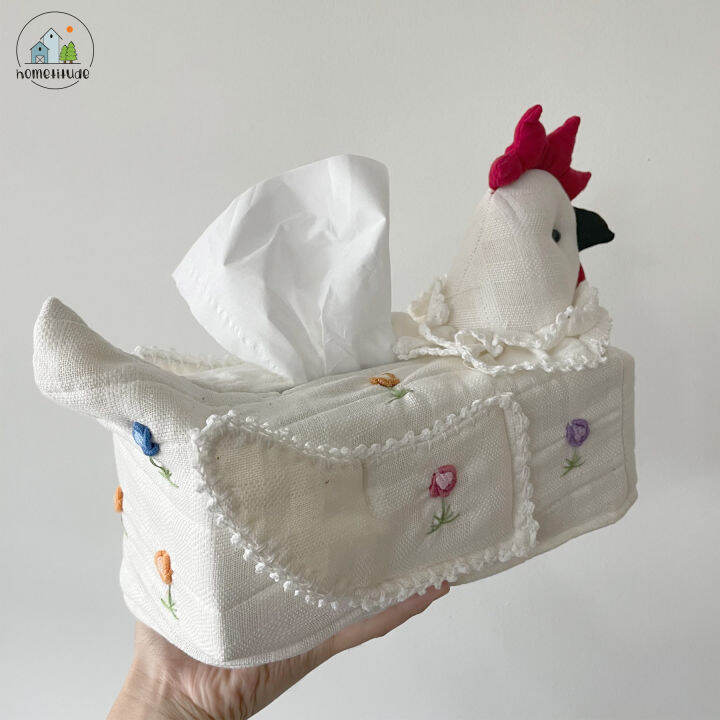 ทิชชู่ไก่-ปลอกทิชชู่-กล่องทิชชู่ผ้าฝ้าย-งานปักมือ-ผ้าคลุมกล่องทิชชู่-ผ้าฝ้ายงานปักมือ-งานhandmade-ทิชชู่-ลายไก่