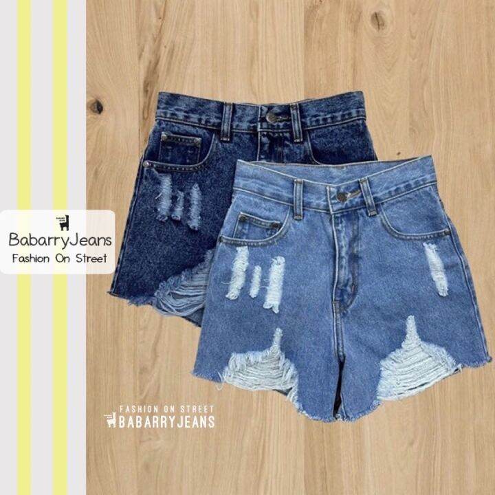 พร้อมส่ง-babarryjeans-กางเกงยีนส์ขาสั้น-ใหม่-เอวสูง-ขาดเยอะ-สียีนส์เข้มฟอก-สียีนส์อ่อน