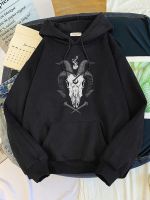 Occult Goat Skull Crescent Flame Nail Rock Design Printed Woman Hoody Oversize Sweatshirt Loose Tracksuit Warm Female Clothing Size Xxs-4Xl