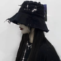 Black Harajuku Mall Goth Hat Women Men Girl Punk Emo Dark Academic Aesthetic Cross Brim Caps Fairy Grunge Hat Bucket Alternative